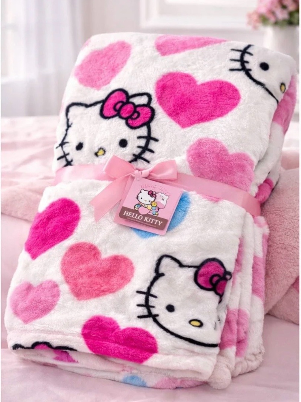 Hello Kitty Colorful Hearts Faux Fur Plush Blanket NEW